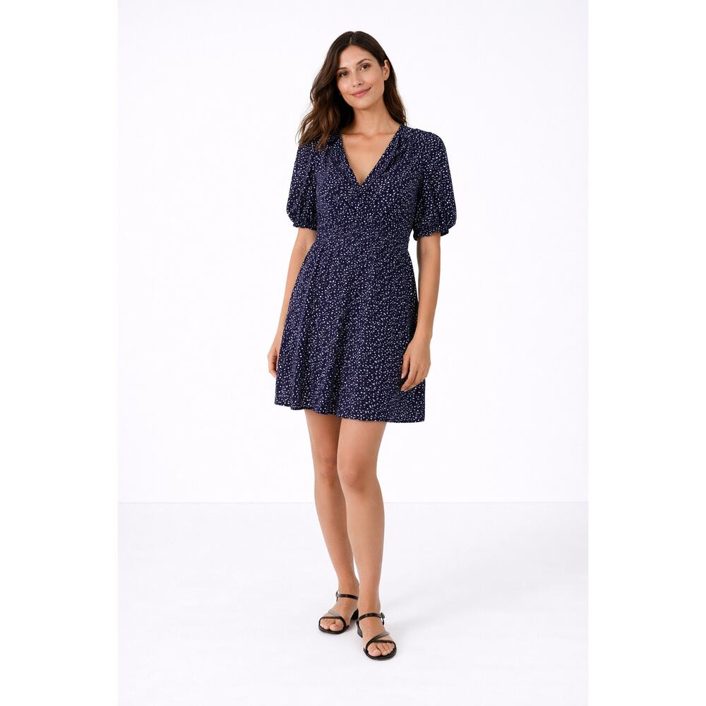 Gap Ruffle Mini Dress Navy Blue Heart Print Puff Sleeve Fit & Flare Large